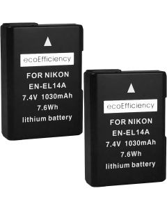 ecoEfficiency 2-Pack of EN-EL14, EN-EL14A Batteries for Nikon D3500, D3100, D3200, D3300, D3400, D5100, D5200, D5300, D5500, D5600, DF, Coolpix P7000, P7100, P7700, P7800 DSLR Cameras
