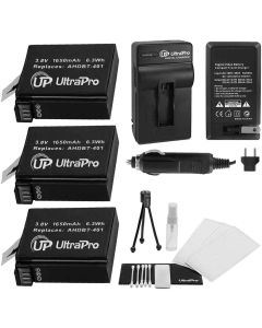 UltraPro 3-Pack AHDBT-401 High-Capacity Replacement Batteries with Rapid Travel Charger for GoPro Hero4. Also Includes: Camera Cleaning Kit, Camera Screen Protector, Mini Travel Tripod